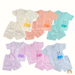 ชุดเด็กอ่อน ชุดแขนสั้นขาสั้น แบบผูกหน้า ผ้าป่านคัตตอล สำหรับเด็ก 1-6 เดือน