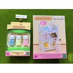 Sylvanian Families Marshmallow Mouse Triplets ครอบครัวซิลวาเนียน แฟมิลี่ หนูมาร์ชเมลโล่ แฝดสาม พร้อมเตียงสามชั้น สุดคุ้ม!!!