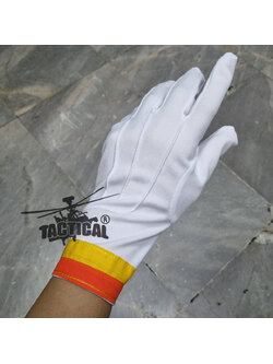 ถุงมือจราจรสีขาว (แถบเหลือง-ส้ม) กระดุม เต็มนิ้ว