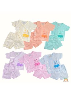 ชุดเด็กอ่อน ชุดแขนสั้นขาสั้น แบบผูกหน้า ผ้าป่านคัตตอล สำหรับเด็ก 1-6 เดือน