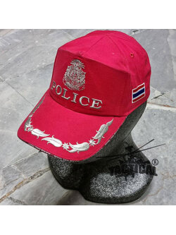 หมวกแก๊ป แผ่นดิน + POLICE มี 1 ช่อ สีแดง ขอบหนา ซิปหลัง