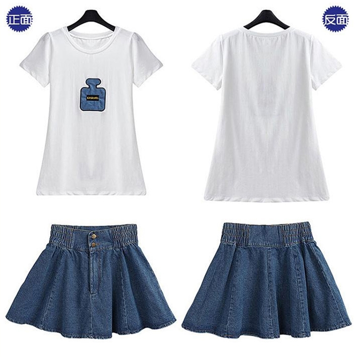 ##พร้อมส่ง## เซตคู่เสื้อยืด+กระโปรงแฟชั่นคนอ้วน เสื้อยืดสีขาวพิมพ์ลายขวดน้ำหอม กระโปรงยีนส์สียีนส์เข้ม