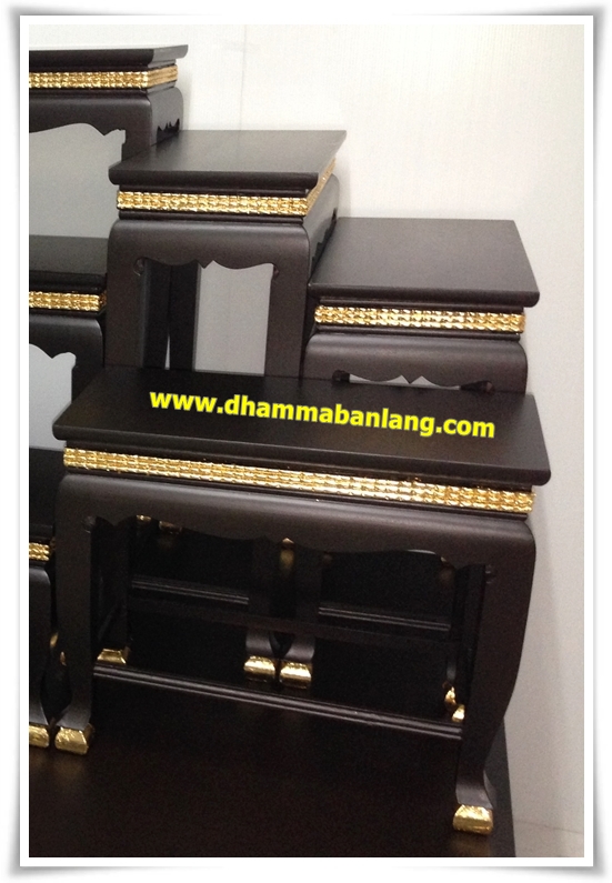 โต๊ะหมู่บูชา หมู่ 9 หน้า 8 แถบทอง ไม้เบญจพรรณ ขาสิงห์ สีโอ๊คด้าน