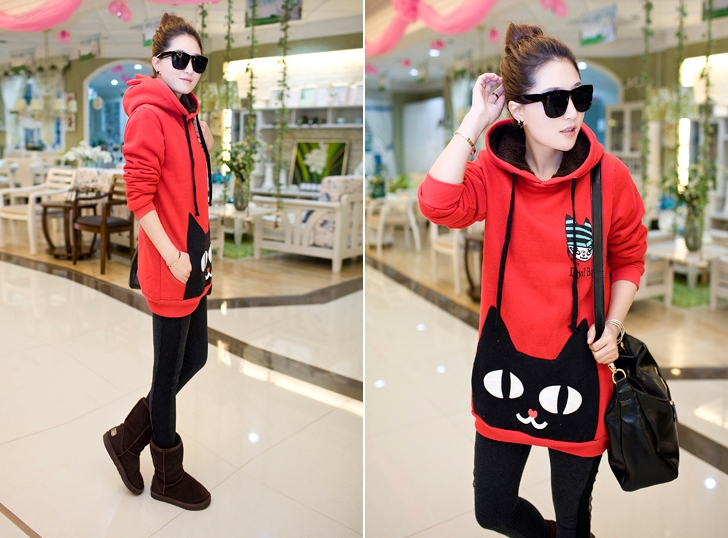 Pre Order - เสื้อกันหนาวแฟชั่นสไตล์เกาหลี ข้างในเป็นผ้ากำมะหยี่ หนา อุ่น สีเทา / สีแดง