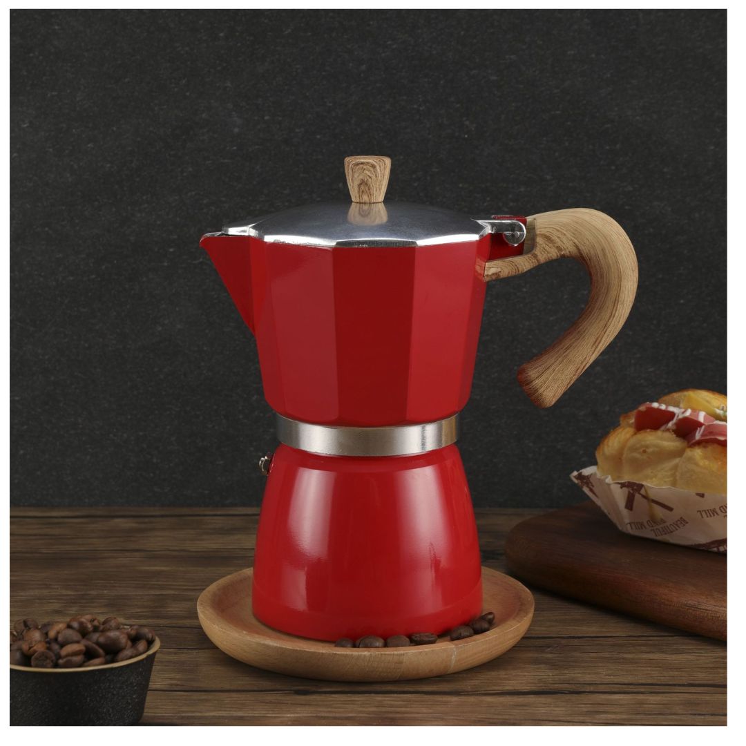 มอคค่าพอท กาต้มกาแฟ อลูมีเนียม ขนาด 6 คัพ 300 ml สีแดงด้ามหูจับไม้ Moka Pot 6 Cup RED รหัส 1842