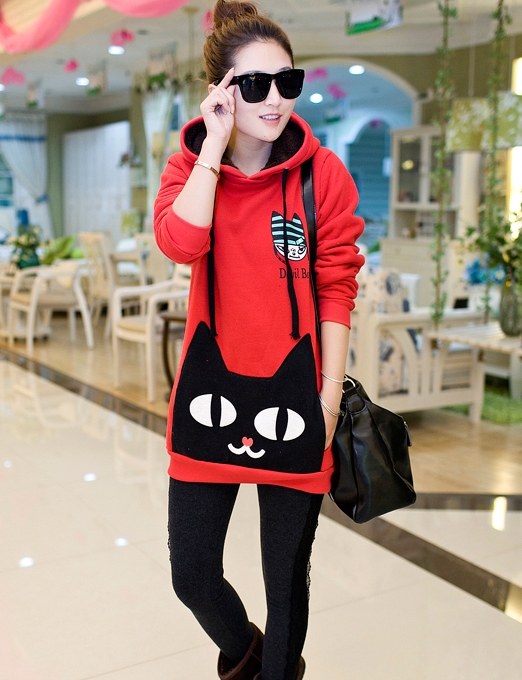 Pre Order - เสื้อกันหนาวแฟชั่นสไตล์เกาหลี ข้างในเป็นผ้ากำมะหยี่ หนา อุ่น สีเทา / สีแดง