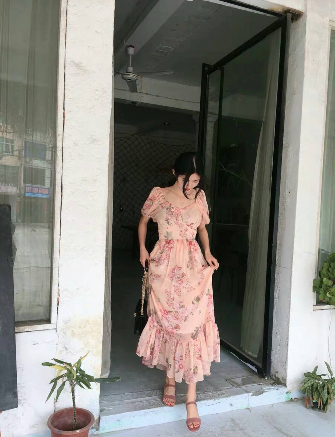 เดรสสไตล์เกาหลี ผ้าชีฟองสีสวยสดใส แพทเทิร์นเป้ะ