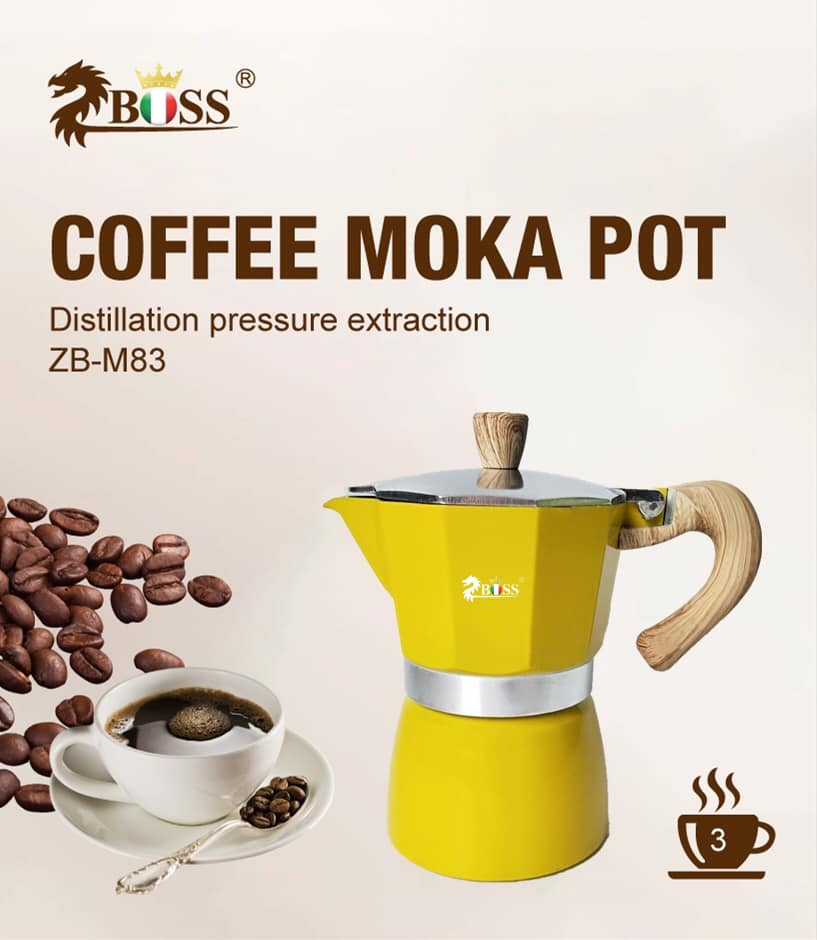 หม้อชงกาแฟ moka pot มอคค่าพอท 3 คัพ 3 Cup 150ml สีเหลือง ZB-M83 ด้ามจับไม้ รหัส 2269