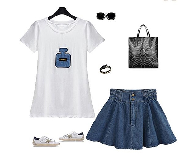 ##พร้อมส่ง## เซตคู่เสื้อยืด+กระโปรงแฟชั่นคนอ้วน เสื้อยืดสีขาวพิมพ์ลายขวดน้ำหอม กระโปรงยีนส์สียีนส์เข้ม