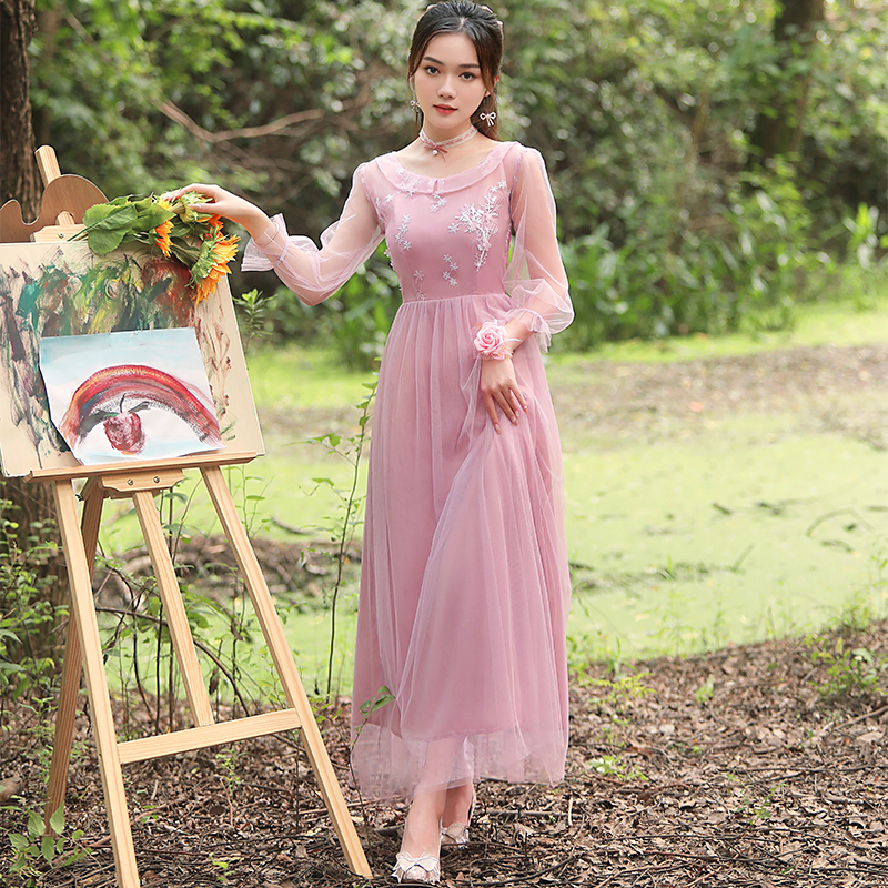ชุดราตรียาวออกงานสีถั่วแดง แขนซีทรู