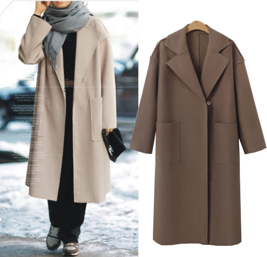 LD002 - เสื้อกันหนาว - โค้ทยาว ขนสัตว์ ไม่หนา สี : กากี / น้ำตาล / ดำ