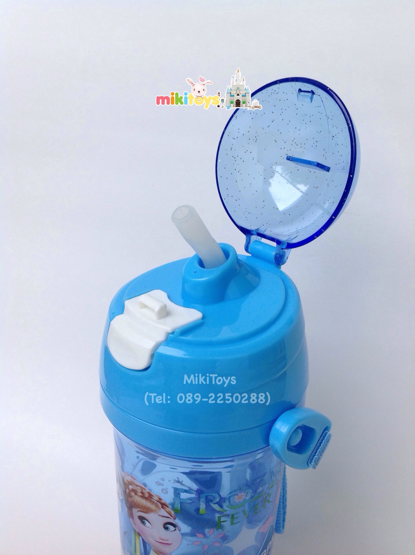 กระติกน้ำเจ้าหญิง Frozen FEVER (Elsa&Anna&Olaf) สีฟ้า โฟรเซ่น ฟีเวอร์ลายใหม่ รุ่นกดฝาเด้ง สีฟ้าใส