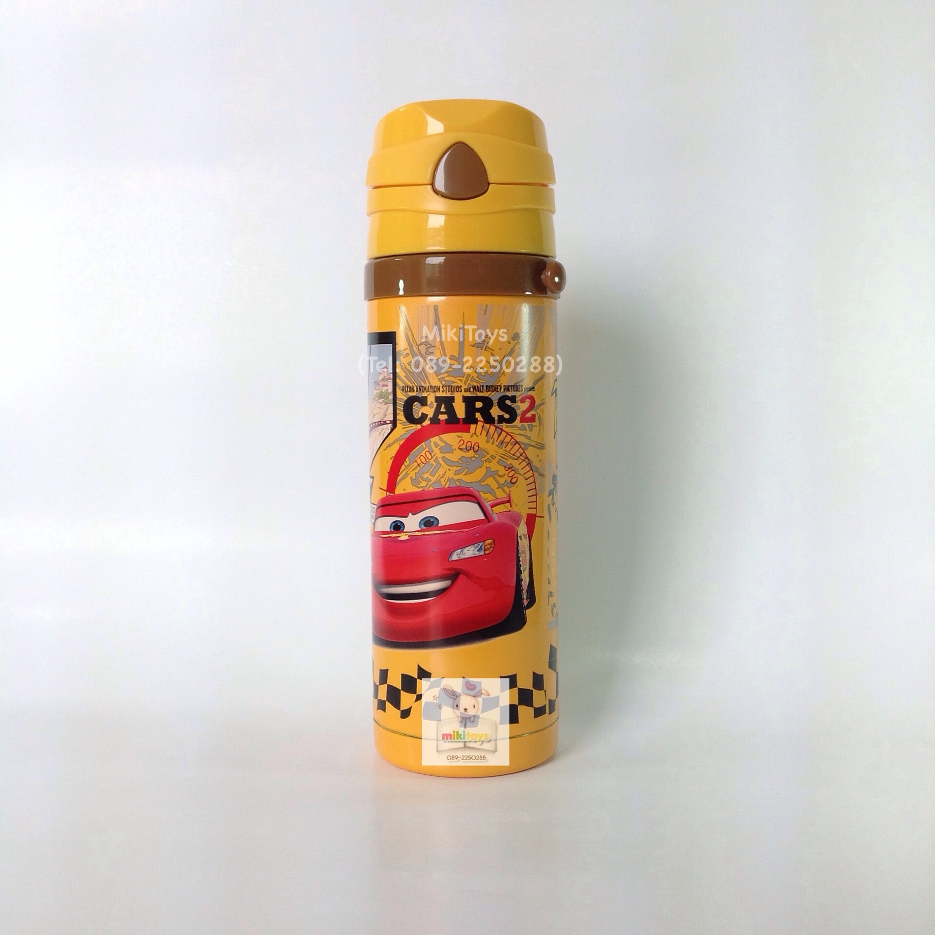 กระติกน้ำคาร์ แมคควีน Cars McQueen สีเหลือง ปุ่มกดสีน้ำตาล ใบใหญ่ 450ml. รุ่นกดแล้วฝาเด้ง เก็บอุณหภูมิ