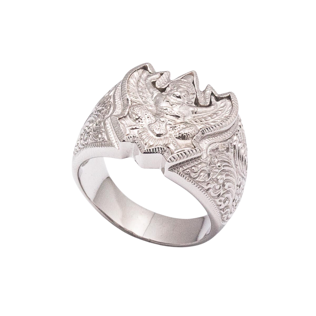 แหวนครุฑเงินแท้ ด้านหลังพระบรมฉายาลักษณ์ ร.5 ยันต์มงคล สีทองและสีเงิน