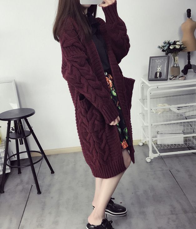 PreOrderเสื้อผ้าคนอ้วน - เสื้อกันหนาวคนอ้วน ไซส์ใหญ่ เสื้อไหมพรมถักลาย ตัวยาว สี : ไวน์แดง / เขียว / ม่วง