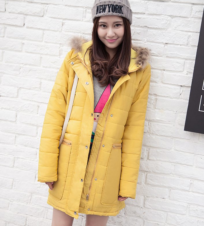 PreOrderคนอ้วน - เสื้อกันหนาวแฟชั่น ผ้าฝ้ายโพลิเอสเตอร์บุนวม ไม่หนามาก มีHood ขนเฟอร์ สีเหลือง