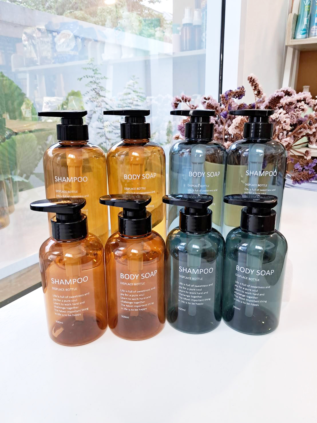 ขวด Refill หัวปั๊มสำหรับใช้ในห้องน้ำ แพ็คคู่ Body Soap - Shampoo ขนาด 300/500 ml.