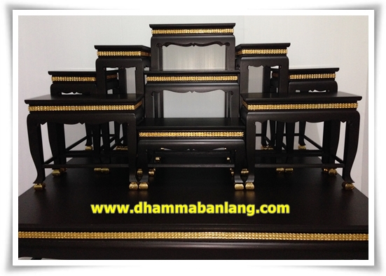 โต๊ะหมู่บูชา หมู่ 9 หน้า 8 แถบทอง ไม้เบญจพรรณ ขาสิงห์ สีโอ๊คด้าน
