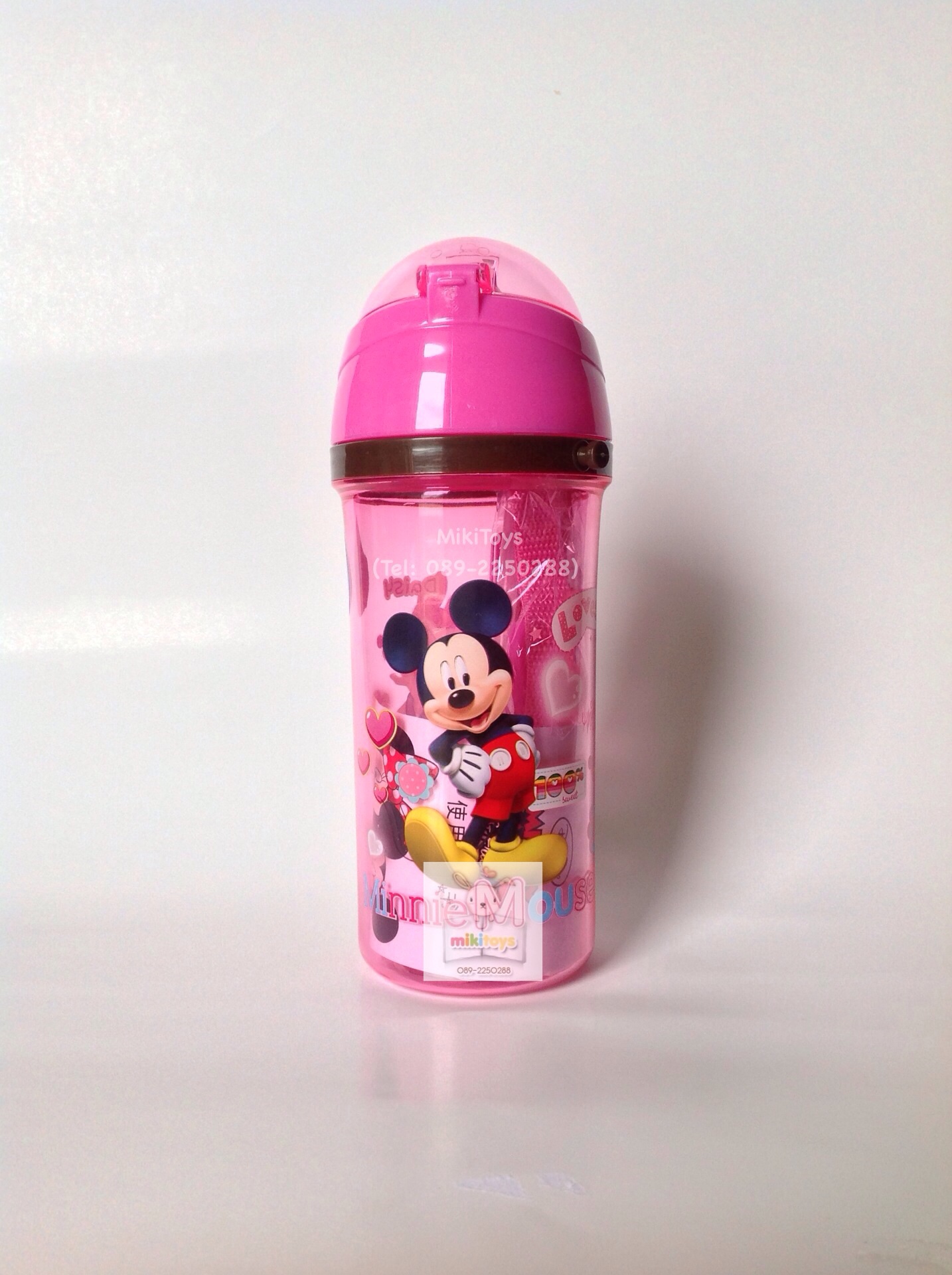 กระติกน้ำมินนี่เมาส์ MinnieMouse *BPA Freeปลอดภัย สีชมพูใส ปุ่มกดสีเหลือง ใบใหญ่จุใจ500ml.