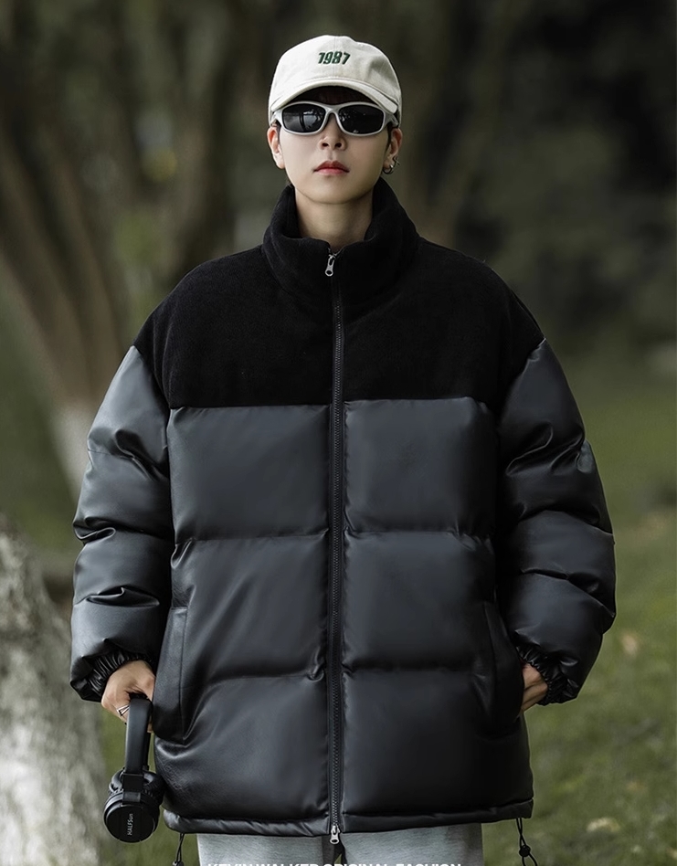 M2324-0013 เสื้อกันหนาวชายไซส์ใหญ่ บุนวม เป็นหนังPU ข้างในบุขน