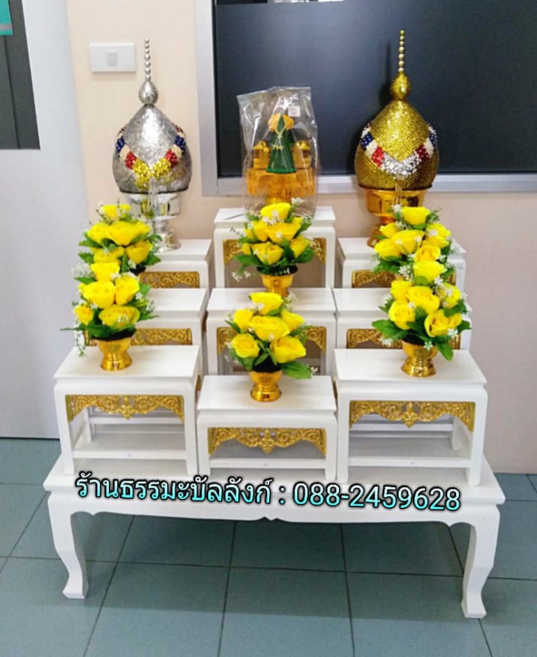 โต๊ะหมู่บูชา หมู่ 9 หน้า 6 กระจังทอง ไม้ทุเรียน ขาตรง สีขาว