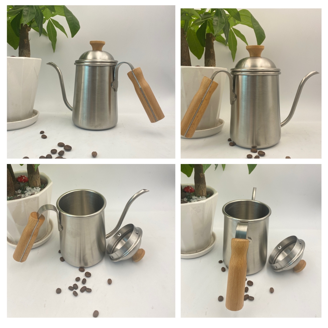 กาดริปกาแฟ กาคอห่าน 650 ML ด้ามจับไม้ สีสแตนเลส รหัส 1830