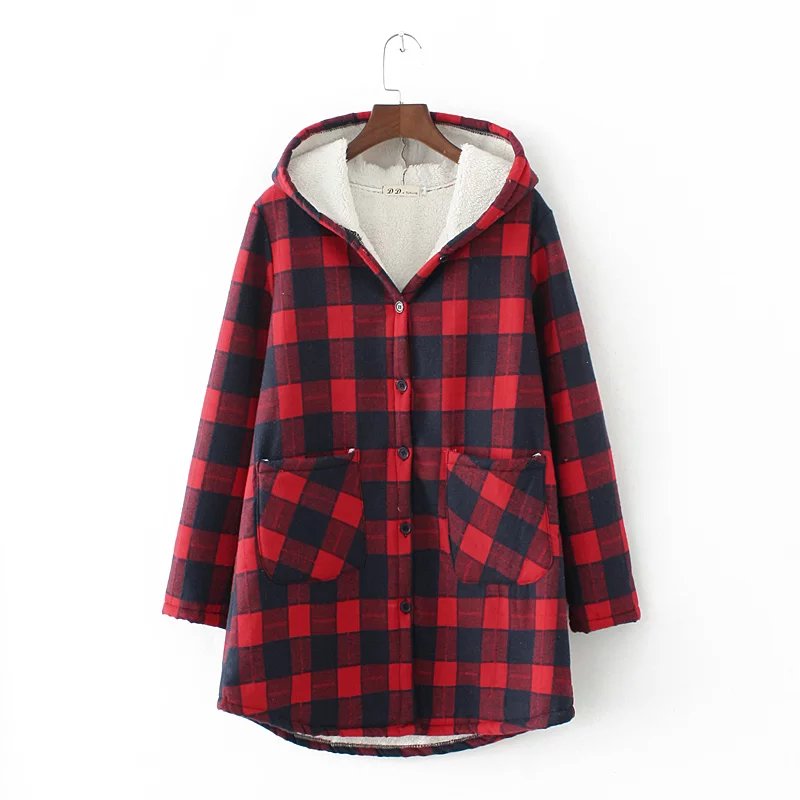 PreOrderคนอ้วน - เสื้อกันหนาวแฟชั่น ผ้าฝ้ายลายสก๊อต บุขนสัตว์ด้านใน มีHood สี : ดำ / แดง / เขียว