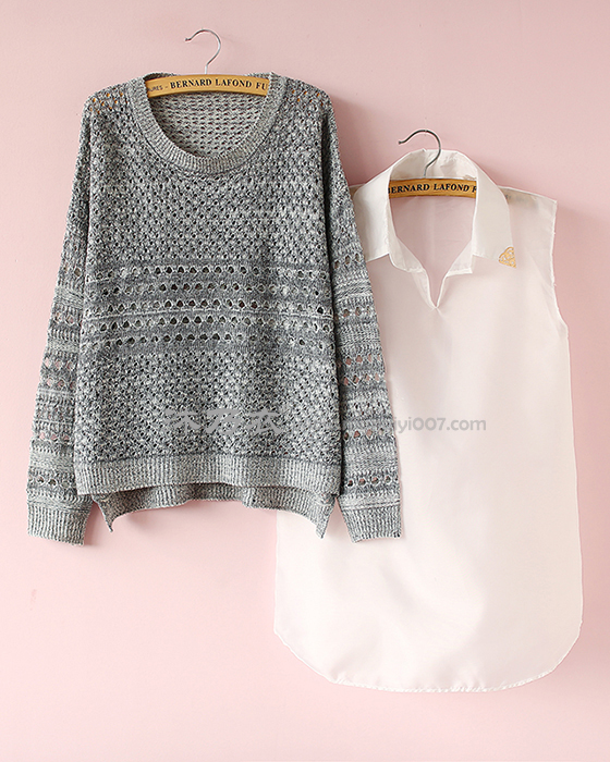 Pre Order - เสื้อกันหนาวแฟชั่น เป็นเซต 2 ชิ้น เสื้อกันหนาวถักนิตติ้งแบบบาง และเสื้อเชิ้ตชีฟองแขนกุดสีขาว สี : สีเขียว / สีเทาเข้ม