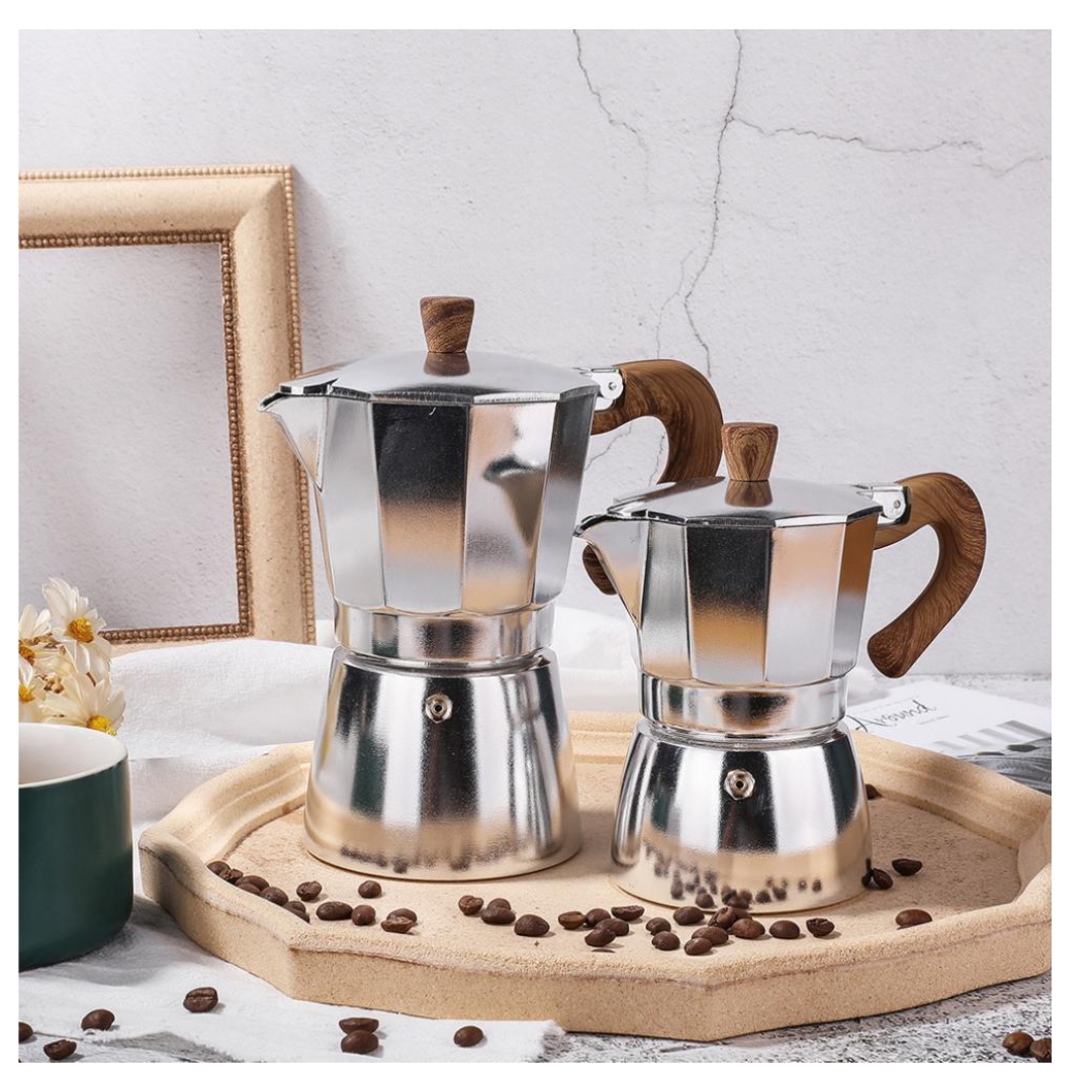 มอคค่าพอทกาต้มกาแฟอลูมีเนียม 3 คัพ 150 ml ก้นกลมสีเงินหูจับด้ามไม้ รหัส 1811