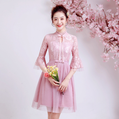 เดรสราตรีออกงานสั้นซีทรู ทรงเหมือนคอจีนมีริ้บบิ้นผูกตรงคอ