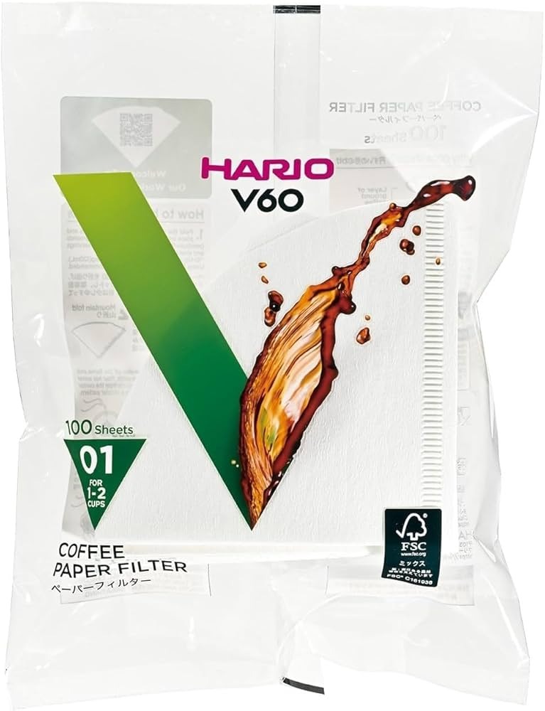 Hario V60 Coffee paper ฮาริโอะ กระดาษกรอง สำหรับดริป ขนาด 01 (บรรจุ100 แผ่น) กระดาษสีไม้น้ำตาล และขาว ห่อพลาสติก