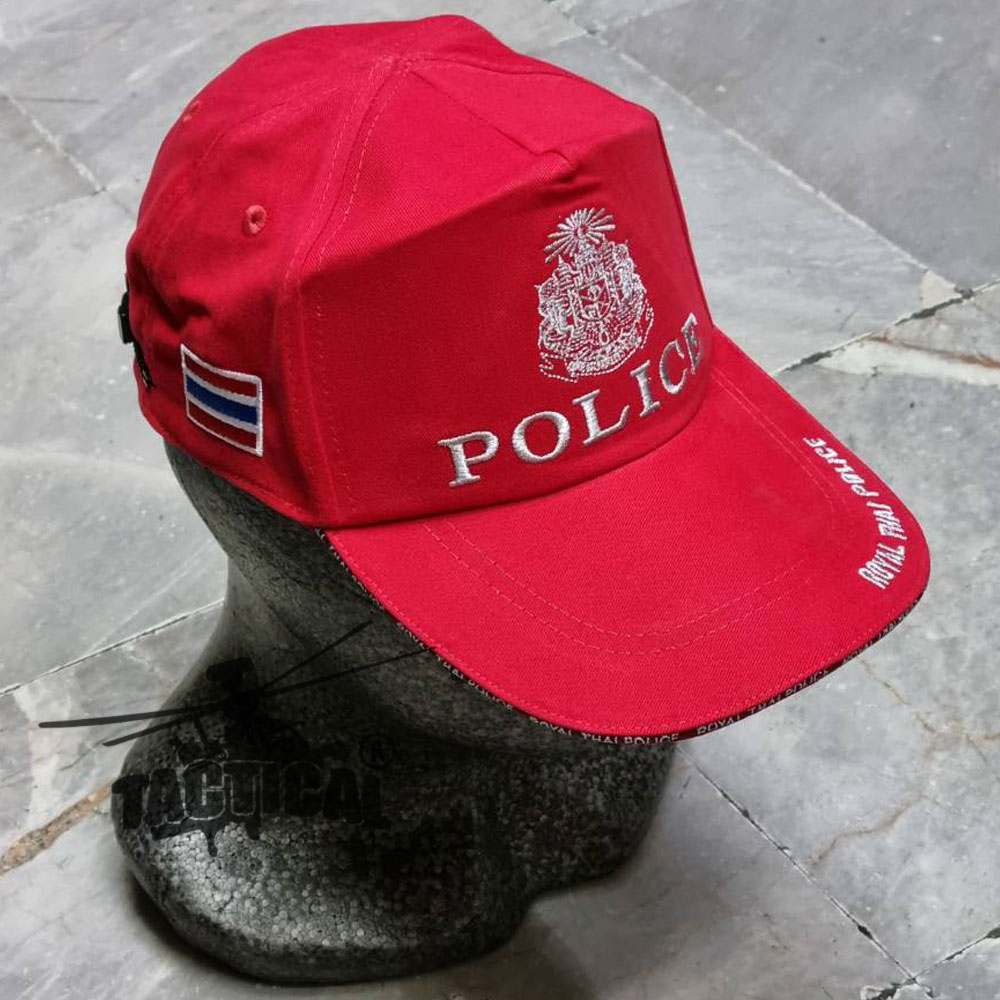 หมวกแก๊ป ครูฝึก แผ่นดิน + POLICE สีแดง ขอบหนา ซิปหลัง