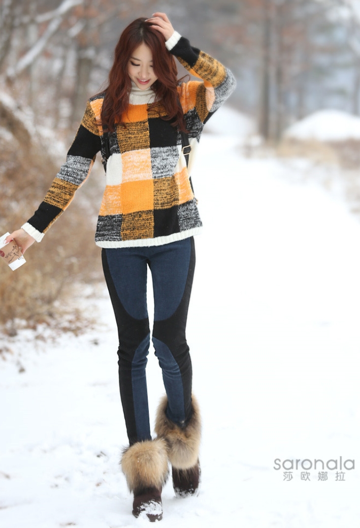 Pre Order - เสื้อกันหนาวสไตล์เกาหลี เสื้อไหมพรมหนา คอกลม ลายตาราง ฟรีไซส์