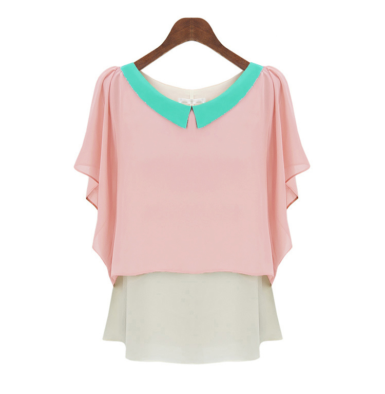 ##พร้อมส่ง## เสื้อแฟชั่นไซส์ใหญ่ ผ้าชีฟอง คอปก เป็นผ้าสองชั้น ทรงค้างคาว สีชมพู