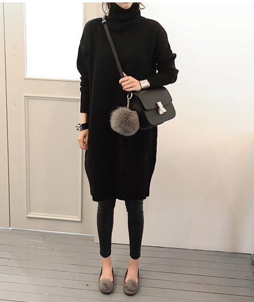 PreOrderคนอ้วน - เสื้อไหมพรมกันหนาว ยาวเป็นเดรส คอเต่า ยืดอีก สี : ดำ / เทา