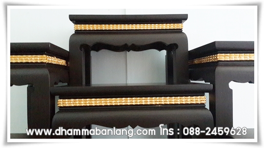 โต๊ะหมู่บูชา หมู่ 7 หน้า 6 มีแถบทอง ไม้เบญจพรรณ ขาสิงห์ สีโอ๊คด้าน