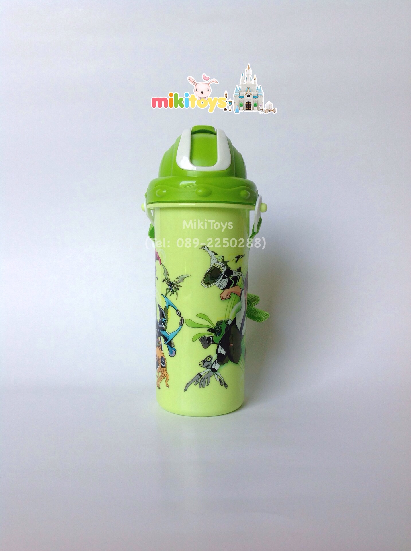 กระติกน้ำเบนเทน Ben10 สีเขียว สกรีนลายเบนเทนเท่ๆ รุ่นฝาเลื่อน หลอดในตัว มีสายสะพาย พกพาสะดวก ถอดสายได้