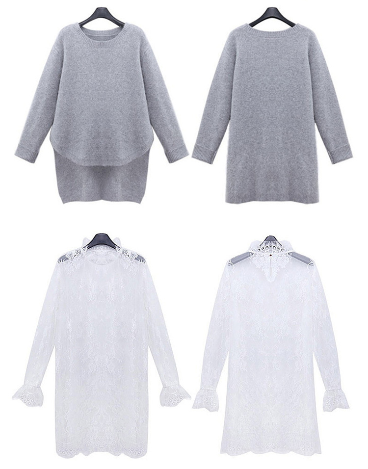 PreOrderไซส์ใหญ่ - เสื้อกันหนาวแฟชั่น ไซส์ใหญ่ คนอ้วน เสื้อ 2 ชิ้น ข้างในเป็นผ้าลูกไม้แขนยาวสีขาว ตัวนอกเป็นไหมพรมสีเทา