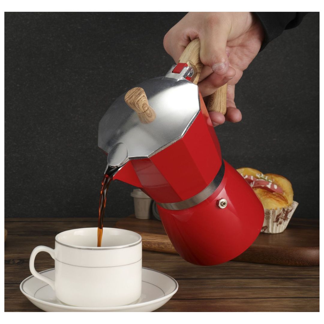 มอคค่าพอท กาต้มกาแฟ อลูมีเนียม ขนาด 6 คัพ 300 ml สีแดงด้ามหูจับไม้ Moka Pot 6 Cup RED รหัส 1842