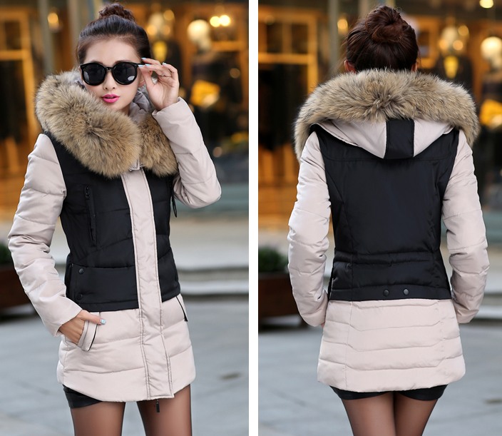 PreOrderคนอ้วน - เสื้อโค้ทไซส์ใหญ่ ผ้าร่มบุนวม ขนเฟอร์ สี : ดำเบจ / น้ำเงินเบจ