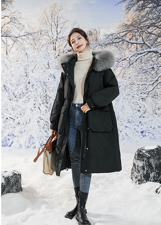 2324-0004 กันหนาวบุขนเป็ดขาว อีกแบบต่างกันตรงกระเป๋า ตัวยาว มีเฟอร์ถอดได้