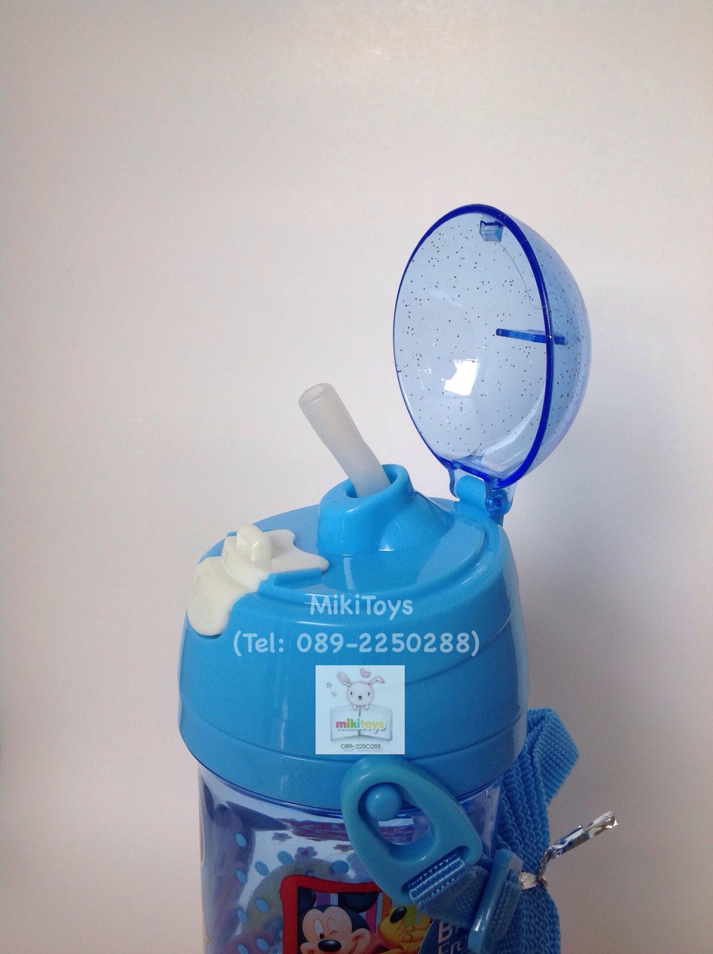 ✅กระติกน้ำมิกกี้เมาส์ Disney Mickey Mouse สีฟ้าใส 380ml. รุ่นฝาเด้ง หลอดในตัว ลายสกรีนสวย **BPA Free ปลอดภัย
