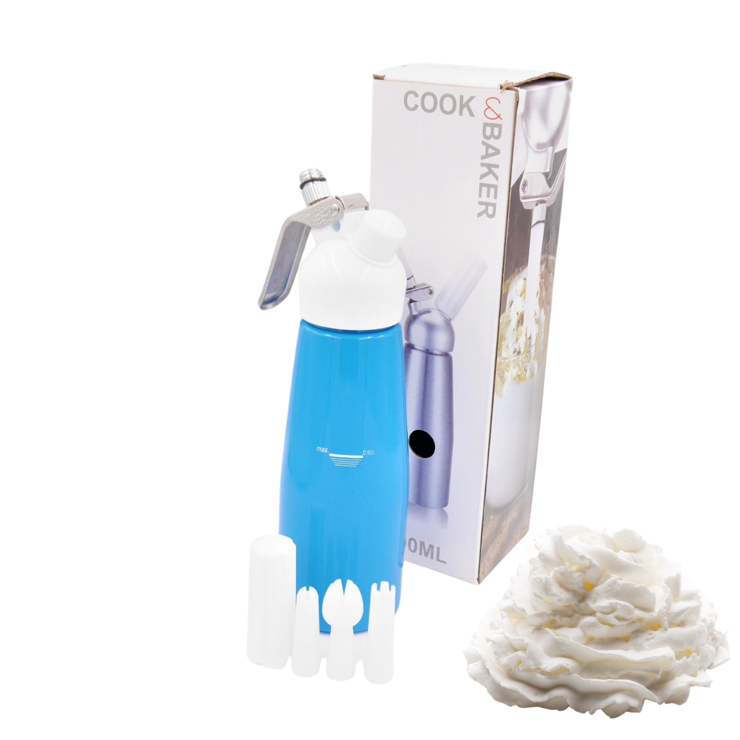 ขวดทำวิปครีม 0.5 ลิตร หัวสีขาว PP กระบอกสีฟ้า พร้อมชุดดอกบีบ รหัส 1789