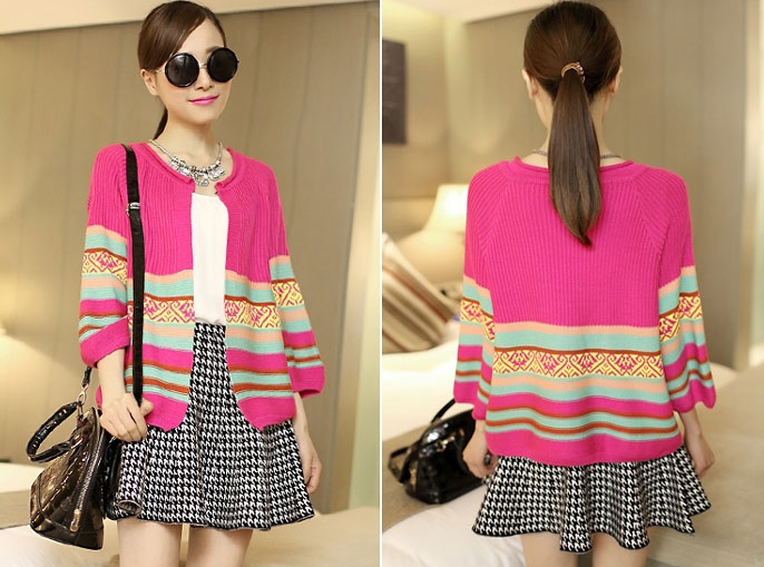 Pre Order - เสื้อคลุมกันหนาวแฟชั่นเกาหลี พิมพ์ลายสวยงาม เป็นเสื้อคอกลมเวตเตอร์ไหมพรมแบบบาง แขนยาว สี : สีดำ / สีเบจ / สีกุหลาบ