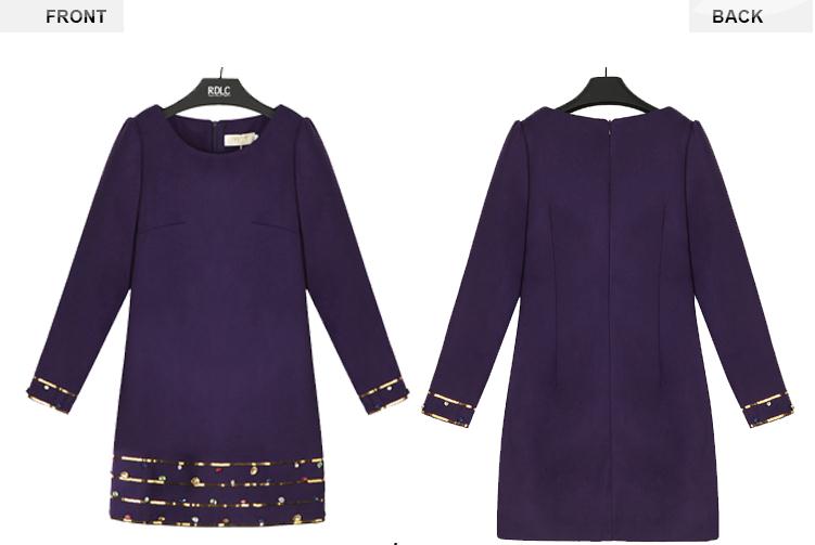 PreOrderไซส์ใหญ่ - เดรสกันหนาวแฟชั่น ไซส์ใหญ่ สไตล์ยุโรป ดีไซส์ ติดเพชรที่ข้อมือและชายกระโปรง สีม่วง