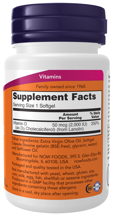 NOW Vitamin D3 2000 IU 120 Softgels ช่วยเสริมสร้างกระดูก ป้องกันกระดูกพรุน ป้องกันกระดูกบาง ช่วยเพิ่มภูมิคุ้มกันหวัด โควิท19 Covid