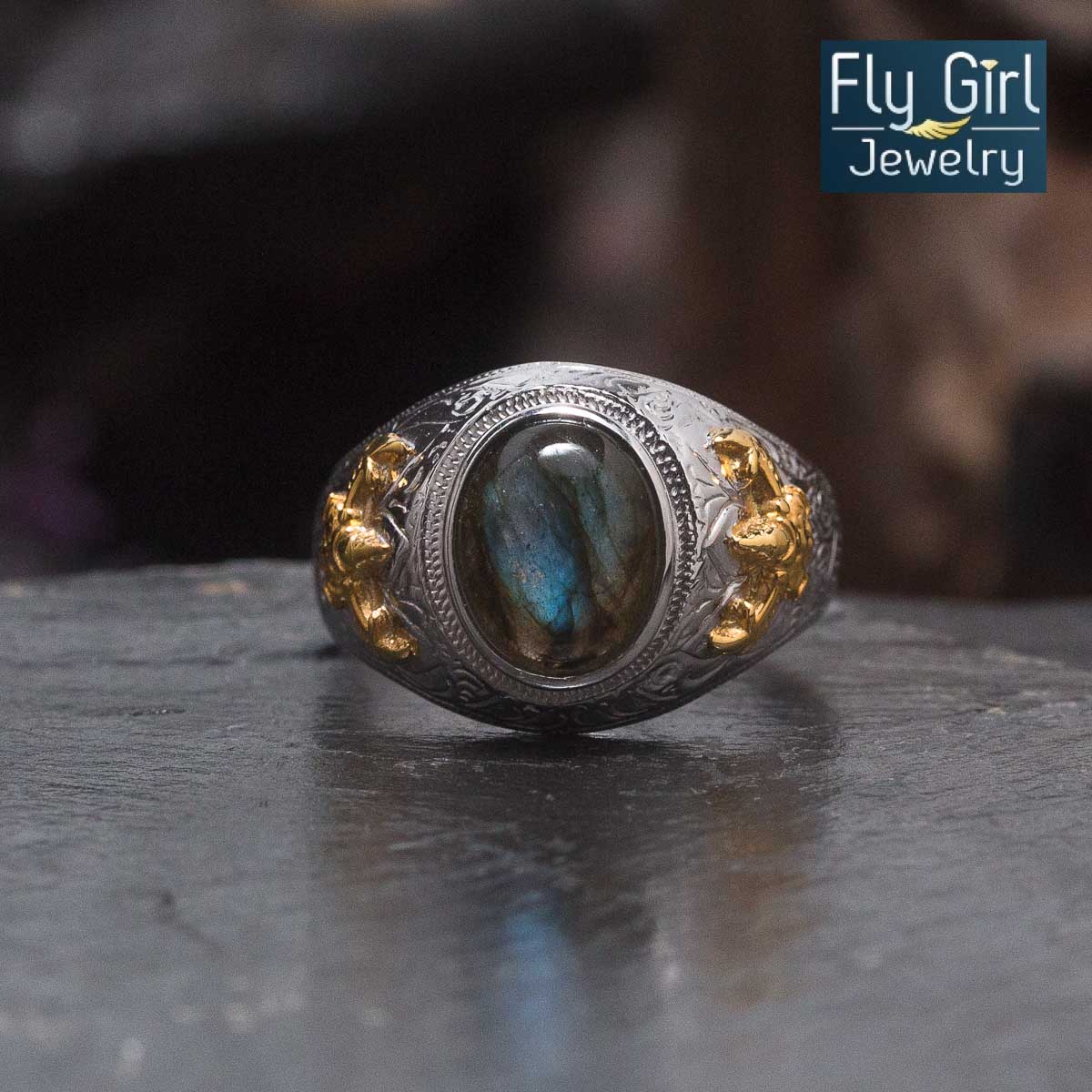 แหวนครุฑ เงินแท้ประดับพลอยลาบราโดไลต์แท้(ราศีตุลย์) ช่วยปกป้องคุ้มครองใส่เสริมดวง