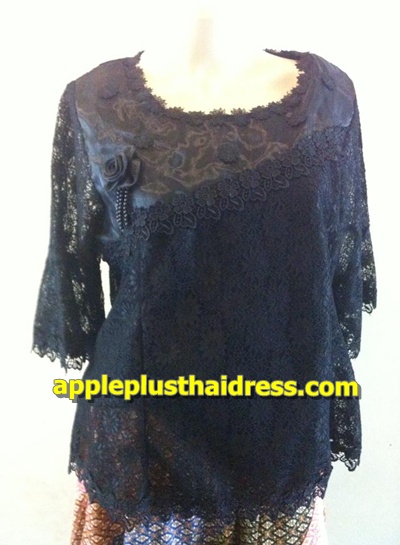 LS18 เสื้อลูกไม้ดำแขนสามส่วน รอบอก 44-46นิ้ว