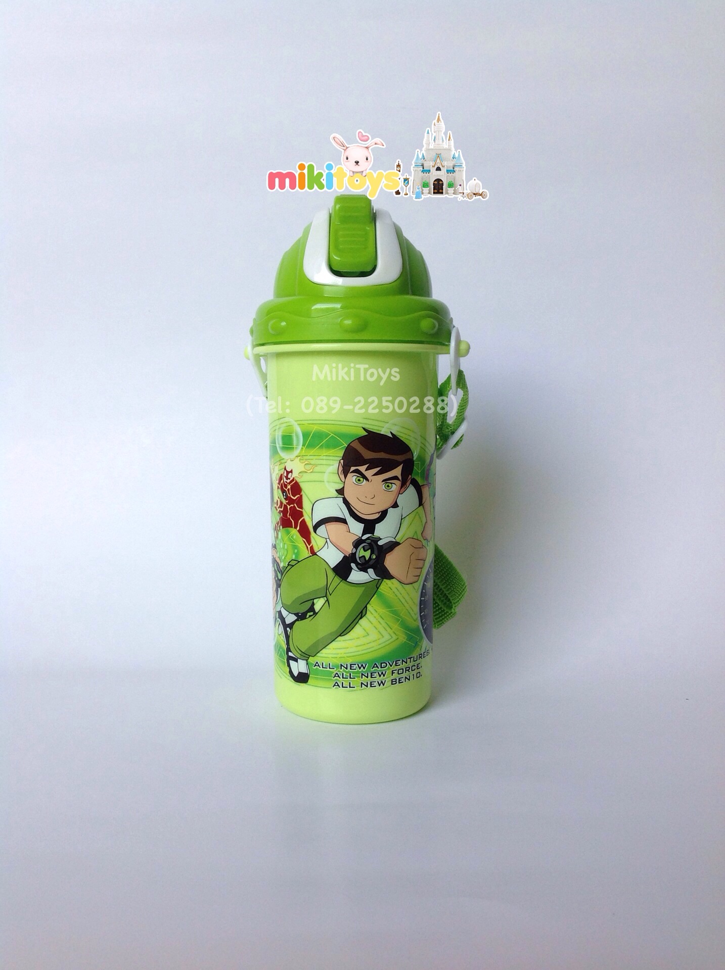กระติกน้ำเบนเทน Ben10 สีเขียว สกรีนลายเบนเทนเท่ๆ รุ่นฝาเลื่อน หลอดในตัว มีสายสะพาย พกพาสะดวก ถอดสายได้