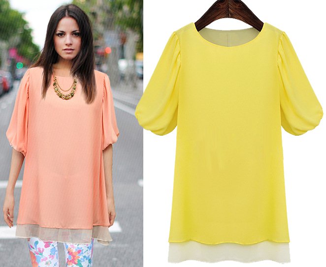 ##พร้อมส่ง## เสื้อแฟชั่นไซส์ใหญ่ แขนสั้น ผ้าชีฟอง เสื้อสองชั้นเย็บติดกัน สีเหลือง